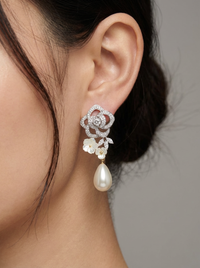 Flower & Pearl Drop Delicate Silver Earrings | Zeya Luxe Jewels