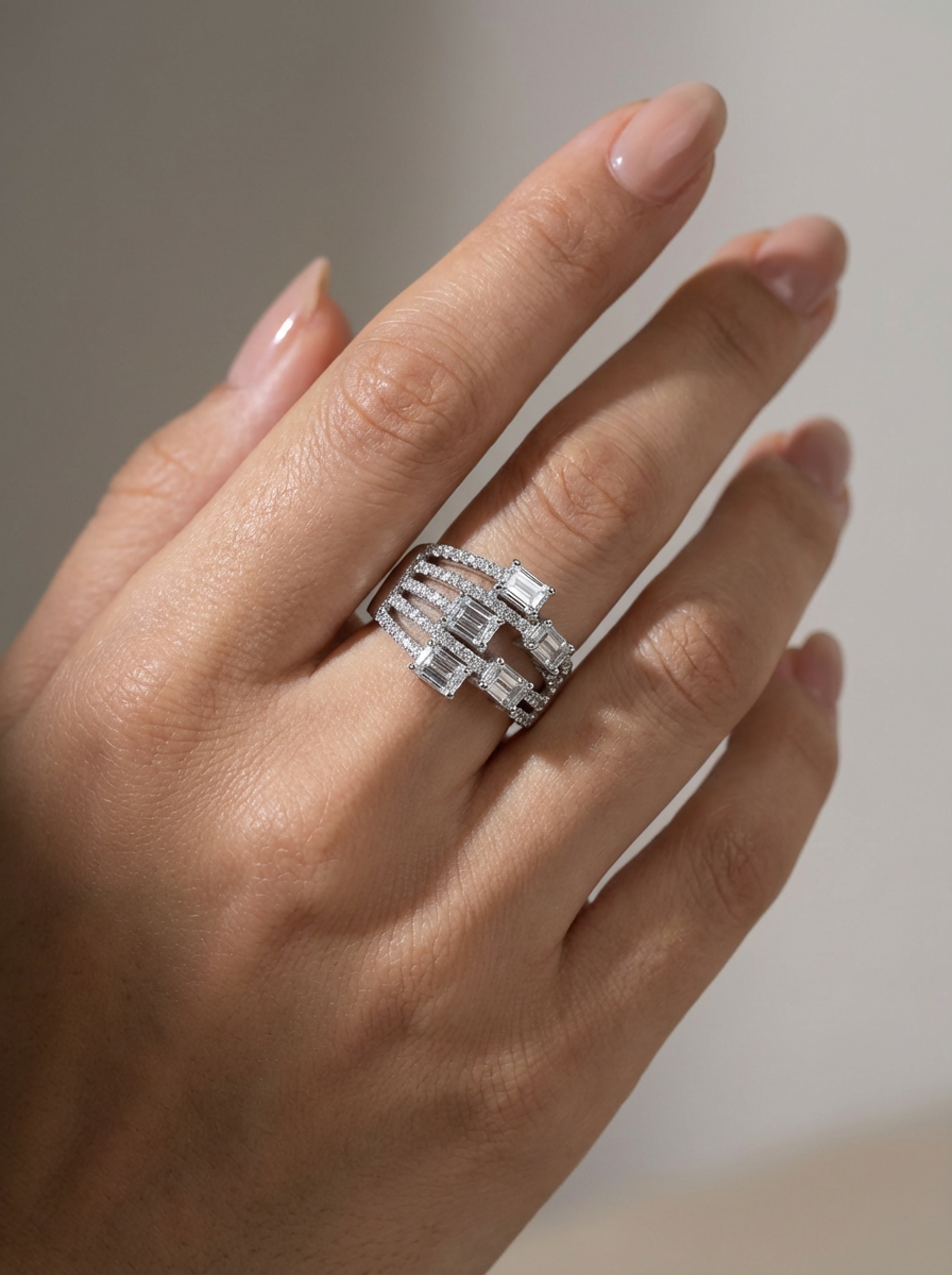 Alternate lines ring with diamonds